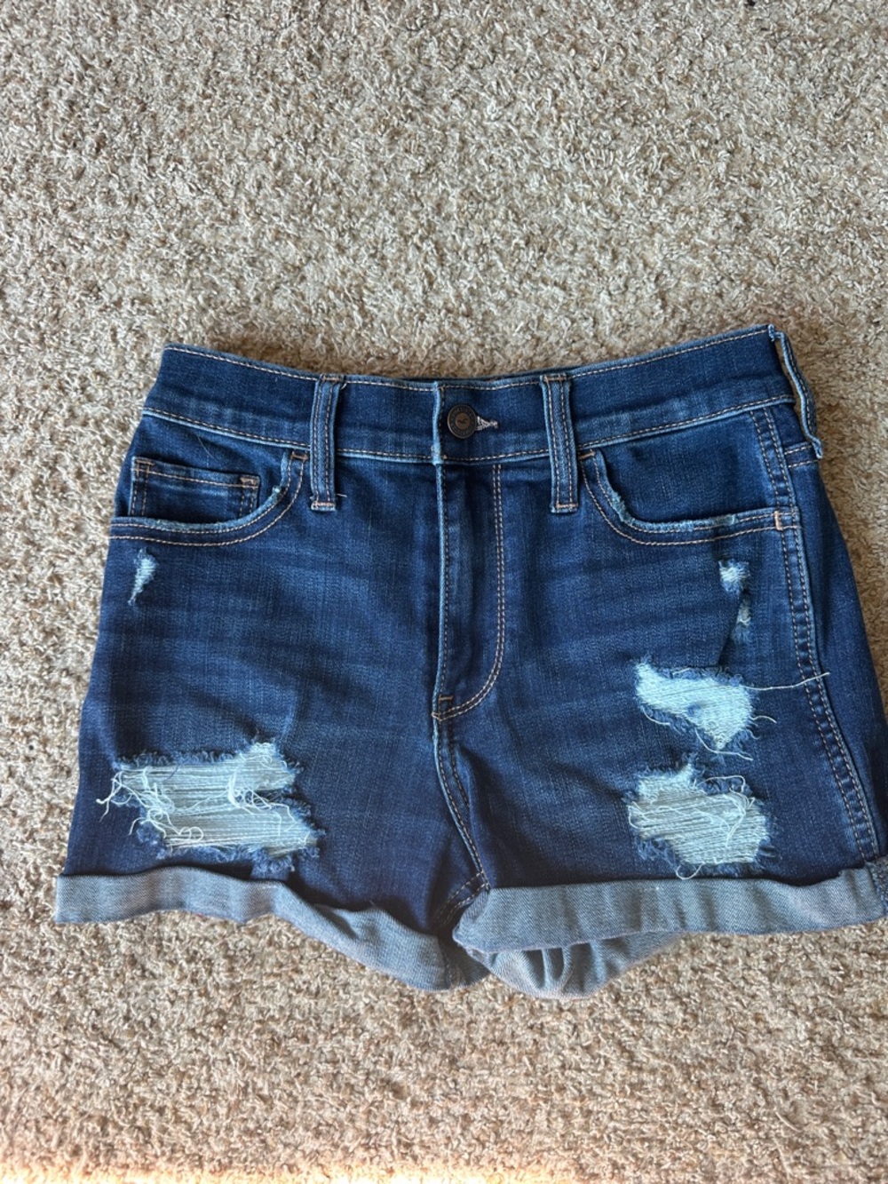 Hollister Dark Blue Distressed Roll-Hem Denim Shorts